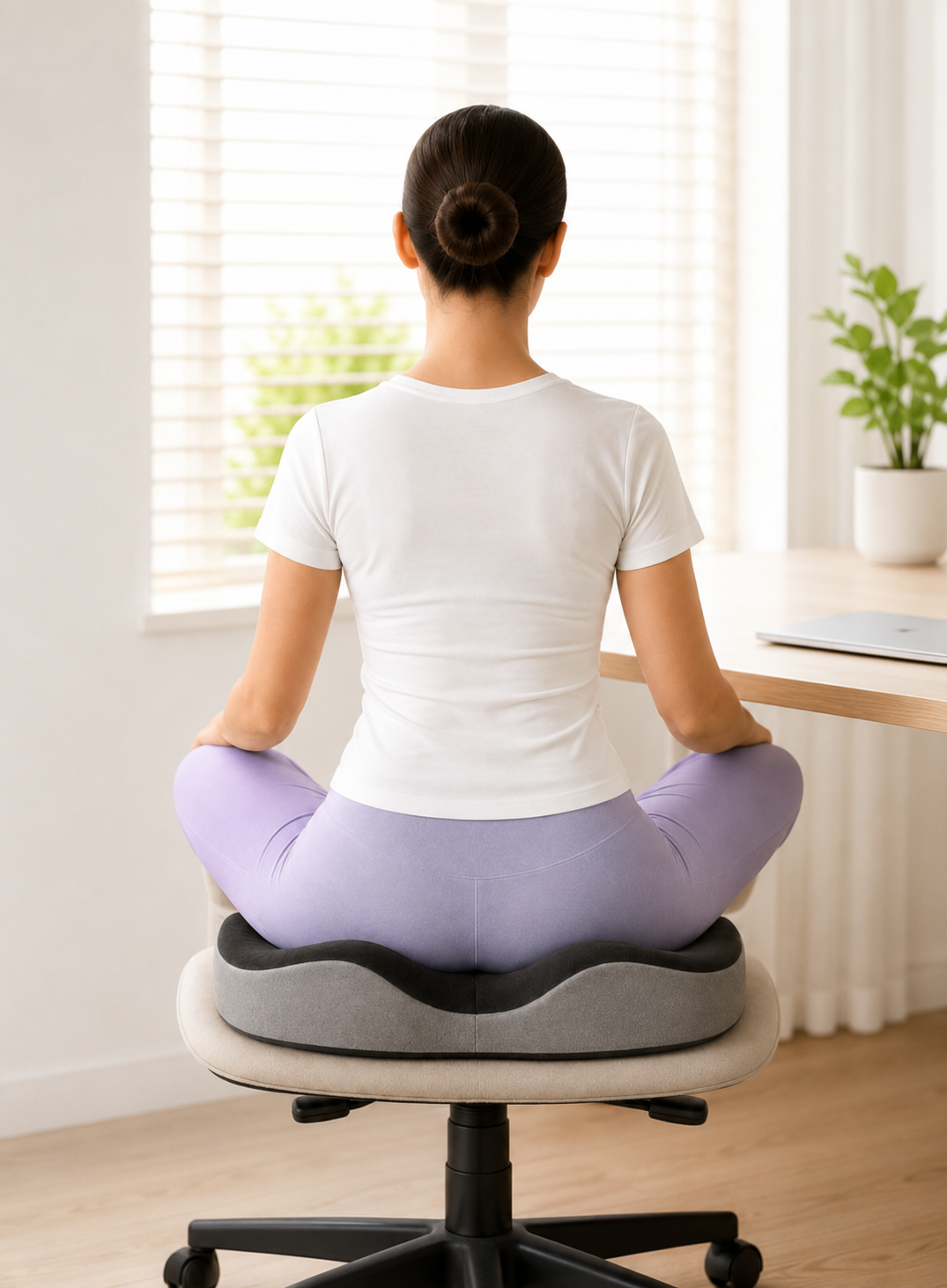 coussin ergonomique à mémoire de forme posé sur l'assise d'une chaise de bureau
