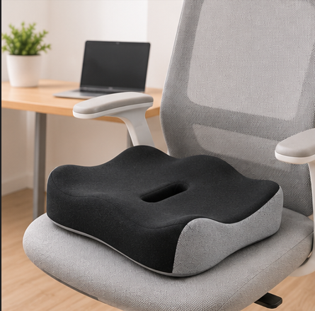 coussin d'assise antidérapant posé sur une chaise de bureau avec ordinateur portable