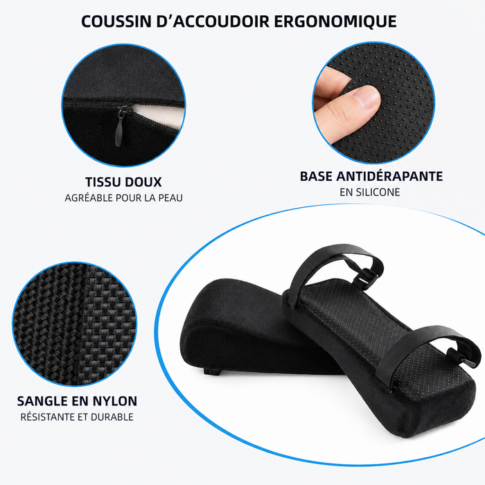 coussin d'accoudoir ergonomique, détail tissu, base antidérapante et sangle