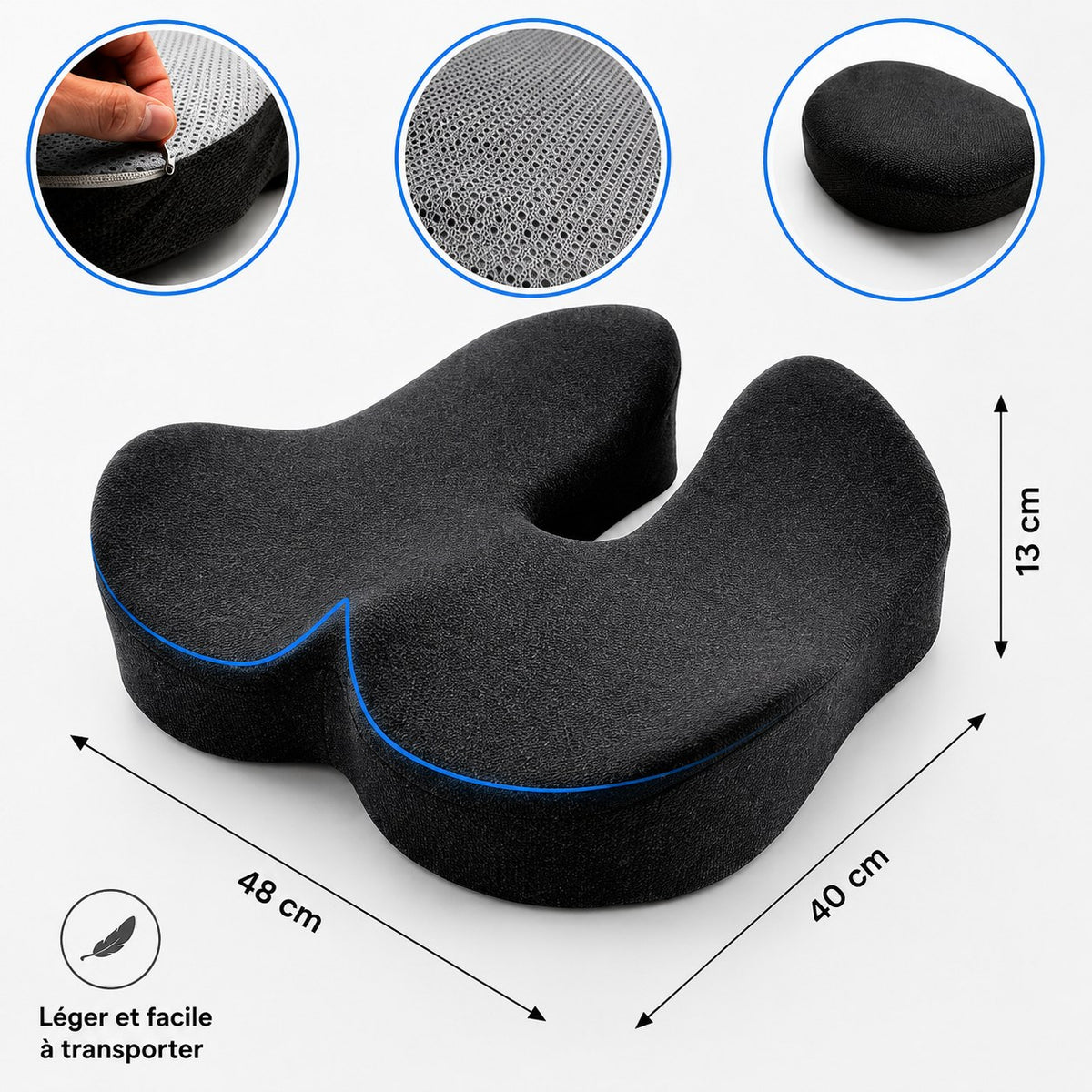 coussin d'assise à mémoire de forme, dimensions 48×40×13 cm