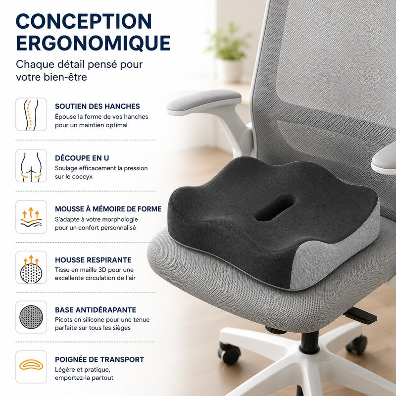 coussin d'assise antidérapant gris et noir posé sur une chaise de bureau avec accoudoirs