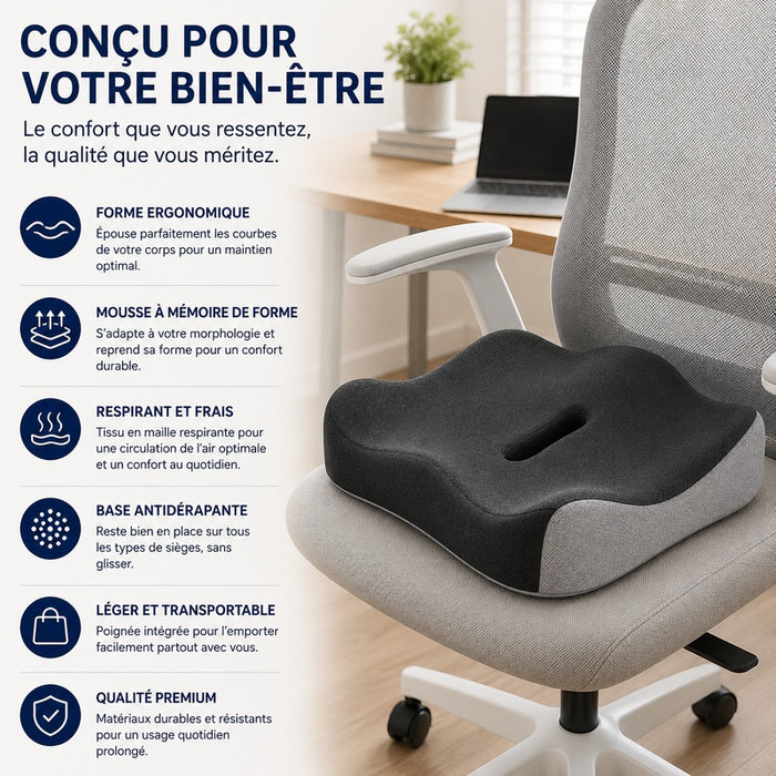 coussin d'assise antidérapant noir sur une chaise de bureau, ordinateur portable en arrière-plan