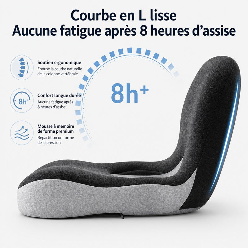 coussin ergonomique assise et dossier noir et gris, vue de profil