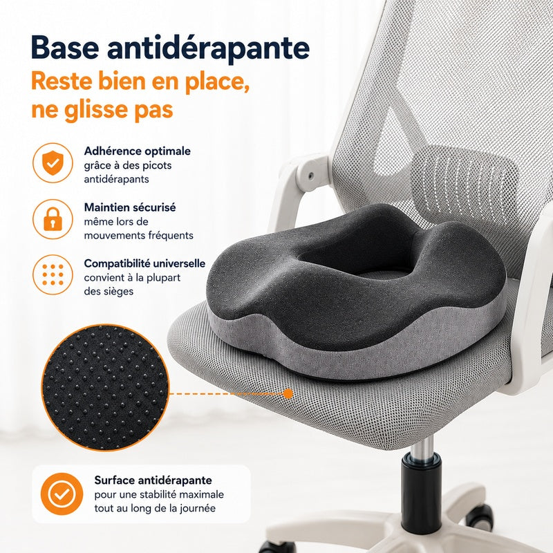 coussin à découpe coccyx gris foncé posé sur une chaise de bureau à roulettes, vue élargie incluant le piètement, avec gros plan de la base antidérapante