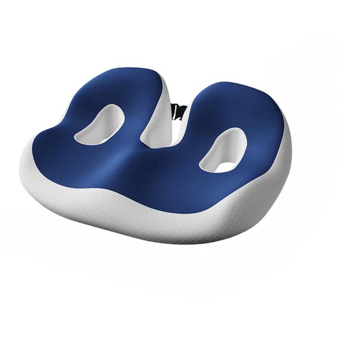 coussin d'assise bleu et blanc à double découpe circulaire, vue de trois quarts