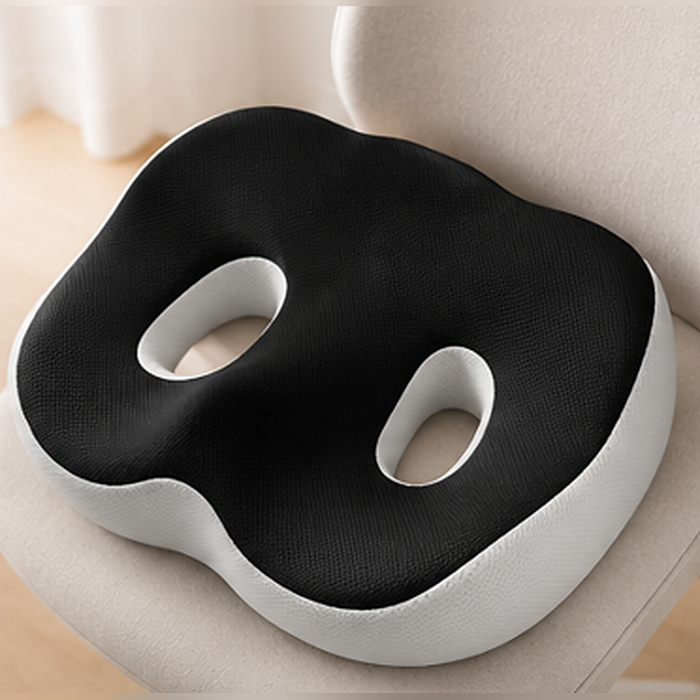 coussin d'assise galbé noir et blanc posé sur un fauteuil