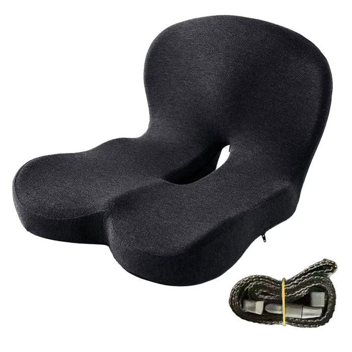 coussin ergonomique assise et dossier noir avec sangle de fixation, vue de dessus